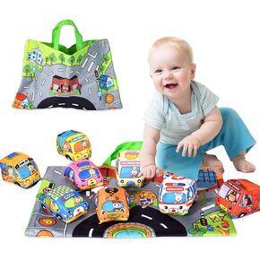 9PCS Soft Plush Car Toy Set with Playmat and Storage Bag – Perfect for 1-3 Year Old Boys and Girls, Ideal 1st Birthday Gift for Infants Aged 6-18 Months