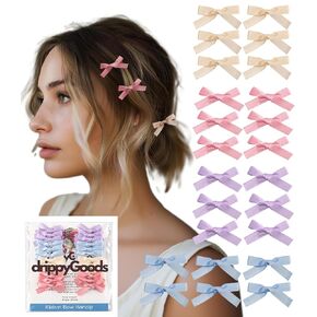 24 PCS Small Hair Ribbon Bow Clips for Women, Girls, Teens, Toddlers, Pastel Pink Blue Purple Cream Coquette Barette Hair Clips Accessories
