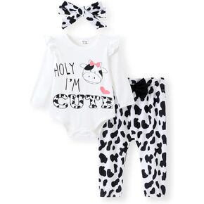 PATPAT Baby Girl Long Sleeve Onesies Infant Girl Rompers Pants Headband 3 Pieces Set Ladybug Outfits 0-24 Months
