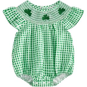 Kayotuas Newborn Baby Girls Smocked Bubble Romper Cute Embroidery Ruffle Gingham Bodysuit Dress Infant Toddler Summer Clothes