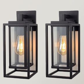 14" Outdoor Wall Light Fitures Waterproofed Exterior Lantern Sturdy Rectangular Double Cage in Satin Black &Clear Tempered Glass Wall Mounted Lighting for Patio Frontdoor Entryway Porch E26 2-Pack