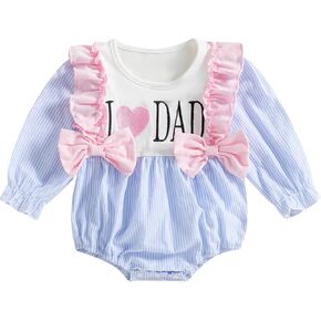 Baby Girl Valentines Day Outfits Heart Bow Stripe Ruffle Long Sleeve Romper Infant Bodysuit Newborn Spring Clothes