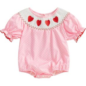 Karuedoo Toddler Infant Baby Girl Valentines Day Outfit Heart Embroidery Polka Dot Smocked Bubble Romper Puff Sleeve Bodysuit
