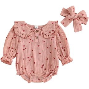 Lesimsam Newborn Baby Girl Valentines Day Outfit Heart Print Cotton Linen Long Sleeve Bubble Romper Peter Pan Collar Bodysuit