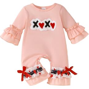 Goodplayer Baby Girl Valentines Day Clothes Newborn Girl Heart Embroidered Jumpsuit My First Valentine's Day Romper Outfit