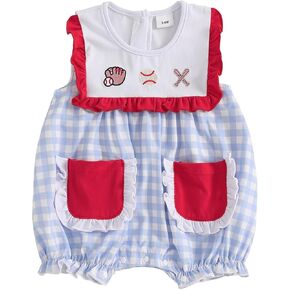 Newborn Baby Girl Baseball Outfit Sleeveless Plaid Bubble Romper Baseball Embroidery Bodysuit with Pockets Clothes