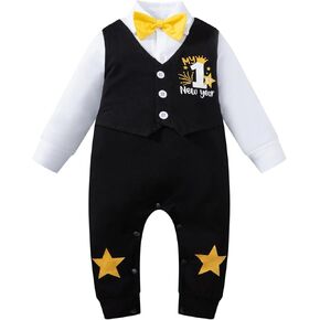 PROMOTED TO BIG SISTER Baby Boy My 1st New Year 2025 Outfit Gentleman Romper Long Sleeve Jumpsuit with Bow Tie