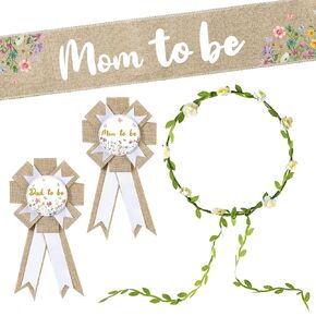 R HORSE 5Pcs Mom to Be Sash Dad to Be Pin, Wildflower Neutral Burlap Maternity Sash Corsage Pin and Flower Crown Headband, Gender Reveals Party Baby Shower Decorations Pregnancy Props Keepsake Gifts