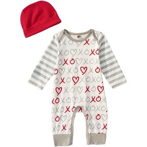 Ritatte Newborn Baby Boy Valentine's Day Outfit Infant Cute XOXO Heart Graphic Romper Long Sleeve Bodysuit Jumpsuit + Hat