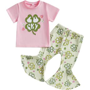 Karuedoo Toddler Baby Girl St Patricks Day Outfit Four Leaf Clover Short Sleeve T-Shirt Bell Bottom Pants Set Irish Outfit
