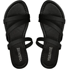 GORGLITTER Women's Leather Strappy Sandals Slippers Dressy Open Toe Slip on Vacation Summer Beach Flat Sandals