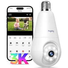 Hugolog 4K Light Bulb Security Cameras Wireless Outdoor-2.4GHz Cameras for Home Security Indoor with AI Sound Processing&Motion Detection,Color Night Vision,Auto Tracking,Siren Alarm,2-Way Talk