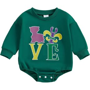 Infant Baby Girl Boy Mardi Gras Outfit Letter Embroidered Long Sleeve Bubble Romper Sweatshirt Fall Clothes
