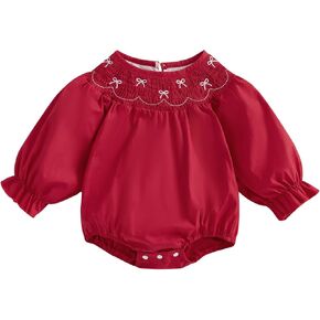 Chloefairy Baby Girl Bow Embroidery Smocked Bubble Romper Puff Short Sleeve Bodysuit Cute Valentines Day Summer Outfit