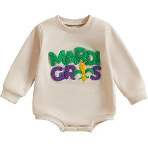 Baby Boy Girl Mardi Gras Outfit Infant Long Sleeve Bubble Romper Sweatshirt Toddler Sweater Top Spring Clothes