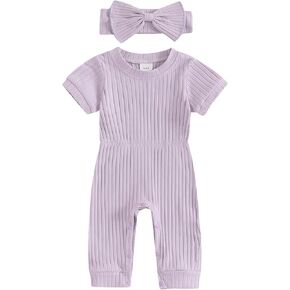 Winioder Newborn Baby Girl Summer Clothes Solid Color Ribbed Short Sleeve Romper Jumpsuit with Headband Coming Home Outfit