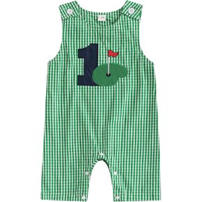 Lamuusaa Toddler Baby Girl Boy Birthday Outfit 1st Embroidery Romper Sleeveless Plaid/Stripe Jumpsuit Summer Clothes