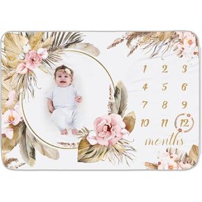 Chumia Baby Monthly Milestone Blanket for Girl Boy 59"x39" Floral Boho Photo Prop Blanket Baby Age Milestone Blanket with Felt Wreath Frame