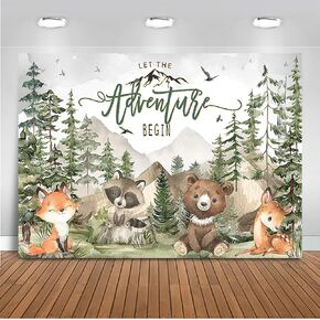 Mocsicka Woodland Baby Shower Backdrop 7x5ft Let The Adventure Begin Animals Forest Mountain Wilderness Background Adventure Awaits Baby Shower Party Photography Props
