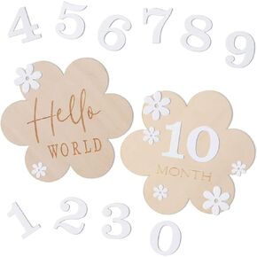 Monthly Baby Milestone, Hello World Welcome Baby Announcement Signs, 1-12 Months Interchangeable 3D Wooden Flower Cards for Baby Shower Growth Recording Newborn Photo Props