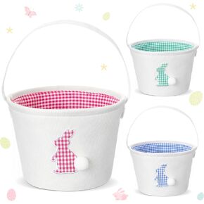 3 Pack Easter Bunny Basket Bags Personalized Easter Canvas Lined Basket for Kids Collapsible Rabbit Print Plaid Egg Basket with Handle Easter Gift Bucket for Egg Hunt Candy
