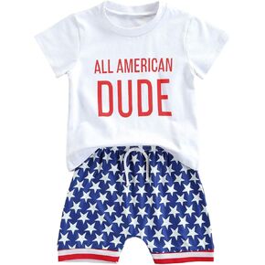 4th of July Baby Boy Outfit All American Dude Tee Shirt + Stars Stripes Shorts Toddler Independence Day Clothes Set