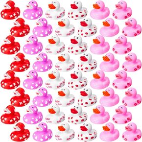 48 Pcs Valentine Rubber Ducks Baby Showers Accessories 2.2 Inch Heart Valentines Day Duck Mini Duckies Bath Toys for Festival Gifts Party Favor Classroom Goodie Bag Fillers, 6 Styles