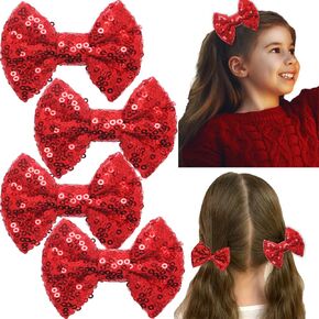 4PCS Christmas Glitter Hair Bows Clips, 3 Inch Sparkling Sequin Little Bow HairPins for Baby Girls Women (Red)