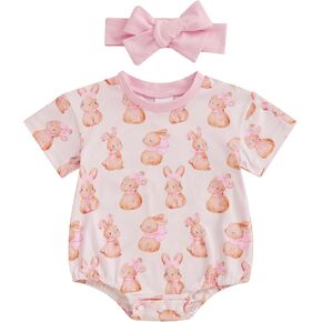 BemeyourBBs Newborn Baby Boy Girl Easter Outfit Bunny Short Sleeve Bubble Romper Jumpsuit Top Shirt Infant Spring Clothes