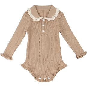 HOOLCHEAN Baby Girls Knitted Ruffled Bodysuit Infant Spring Autumn Long Sleeve Lapel Romper