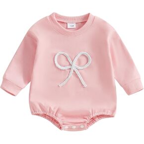 Newborn Baby Girl Fall Outfit Bow Oversized Sweatshirt Bubble Romper Long Sleeve Sweater Bodysuit One-Piece Jumpsuit