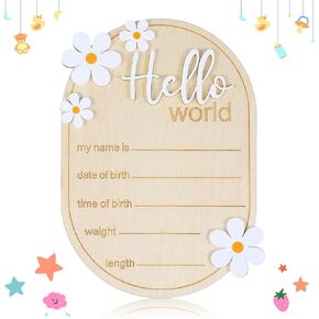 Wooden Hello World Newborn Sign, 5.9 Inch Baby Announcement Sign Birth Announcement Sign Baby Name Sign with Flower Baby Shower Hospital Nursery for Newborn Boys and Girls