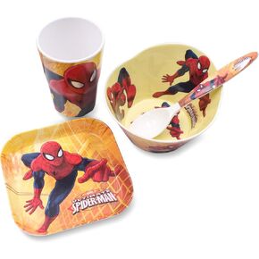 4 Pcs Set Cartoon Durable Tableware Meal Dishes Mealtime Food Feeding Eating Set includes Dinner Serving Bowl Plate Cup with a Matching Spoon and Fork