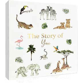 Keepsake Baby Memory Book, Gender Neutral for Boy or Girl, Birth to Age 5, Luxury Gift for Mom to be, Milestone Record & Photo Album, Linen Fabric Safari Journal Scrapbook for New Parents, Baby Shower