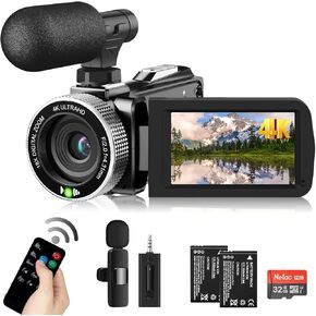 4K 60FPS Video Camera Camcorder 48MP YouTube Camera with Wireless Lavalier Mic & External Mic for Vlogging, Ultra HD 3“ Screen 18X Digital Zoom Video Recorder Camera with 32GB SD Card