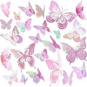 3D Butterfly Wall Decor 48 Pcs 4 Styles 3 Sizes, Laser Pink Butterfly Birthday Decorations Butterfly Party Decorations Cake Decorations, Removable Stickers, Nursery, Baby Room (Laser Pink)