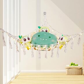 Stuffed Animal Net or Hammock with LED Light, 50 inch Toy Hammock Macrame Stuff Animal Storage Corner Hanging Net Holder with 3 Hooks for Kid Boy Bedroom Decor