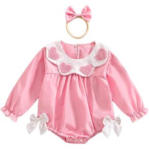 Newborn Baby Girl Valentines Day Outfit Heart Embroidery Doll Collar Long Sleeve Smocked Romper Bow Bodysuit Clothes