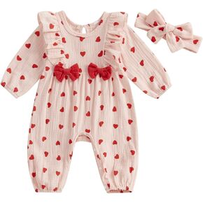 Baby Girls Cotton Linen Rompers Bowknot Ruffles Long Sleeve Bodysuits Jumpsuit with Headband in Kuwait