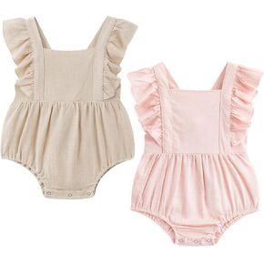 Simplee kids 2PCS Baby Boys Girls Adjustable Slip Romper Summer Outfit Jumpsuit Cotton Linen Bodysuit