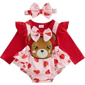 MoZiKQin Baby Girl Valentines Day Outfit Newborn Romper Dress Love Heart Print Long Sleeve Ruffle Skirt Jumpsuit+Headband