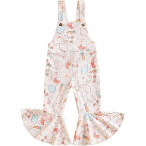 Toddler Baby Girl Easter Outfit Bunny Carrot Bell Bottom Romper Jumpsuit Suspender Pants Overalls Summer Clothes