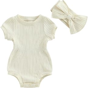 Newborn Infant Baby Girl Summer Outfit Romper Short Sleeve Jumpsuit with Bow Headband Set Spring Clothes