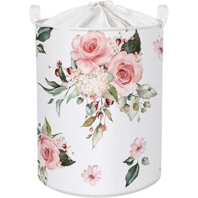 Clastyle 63L Pink Flower Baby Girl Nursery Hamper Large Round Dirty Clothes Laundry Basket Toys Valentine Gift Basket with Lid, 15.7x19.7 in