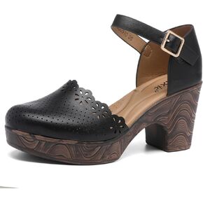 Altxic Women's Closed Round Toe Hollow Out Vamp Ankle Strap Buckle Low Block Chunky Heels Sandals