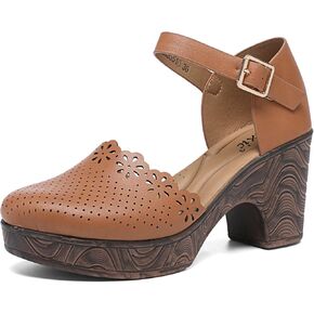 Altxic Women's Closed Round Toe Hollow Out Vamp Ankle Strap Buckle Low Block Chunky Heels Sandals