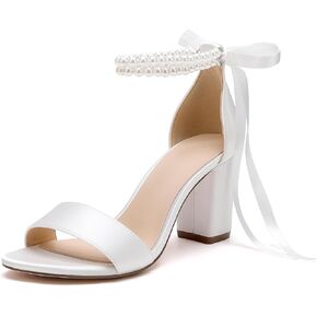 Pearl Wedding Shoes for Bride High Heels Block Heels Bridal Shoes with Bow Women Chunky Heels Sandals