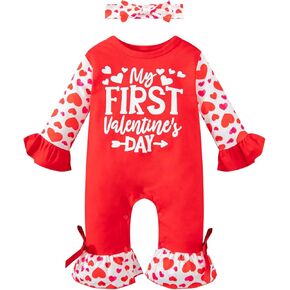 MOMMY'S NEW MAN 2Pcs Newborn Baby Girl First Valentines Day Romper Ruffle Heart Print Bell Bottom Jumpsuit with Headband