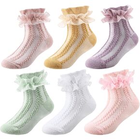 Jspupifip 6 Pairs Toddler Ruffle Socks Girls Dress Socks Little Girls Lace Socks Frilly Socks, 4-6 years