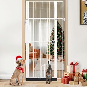 71 Inch Extra Tall Pet Gate Cat Gate with Cat Door, 27"~37.5" Extra Wide Pressure Mounted Pet Barrier Auto-Close Safety Pet Gate with Walk Through Cat Door Latch